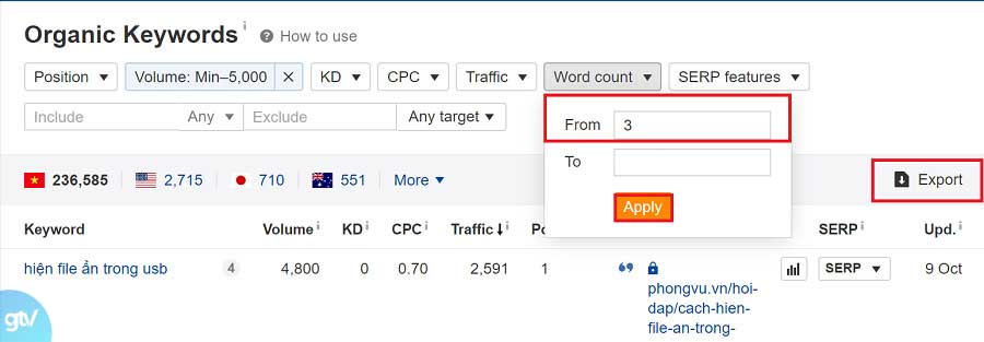 lọc organic keyword