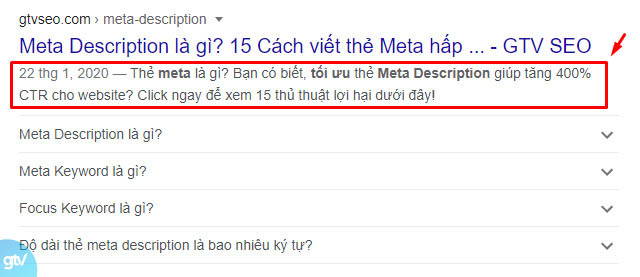 vị trí meta description