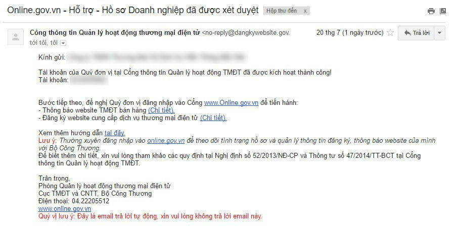 Email xác nhận đăng ký thành công | Nguồn: vietnix.vn