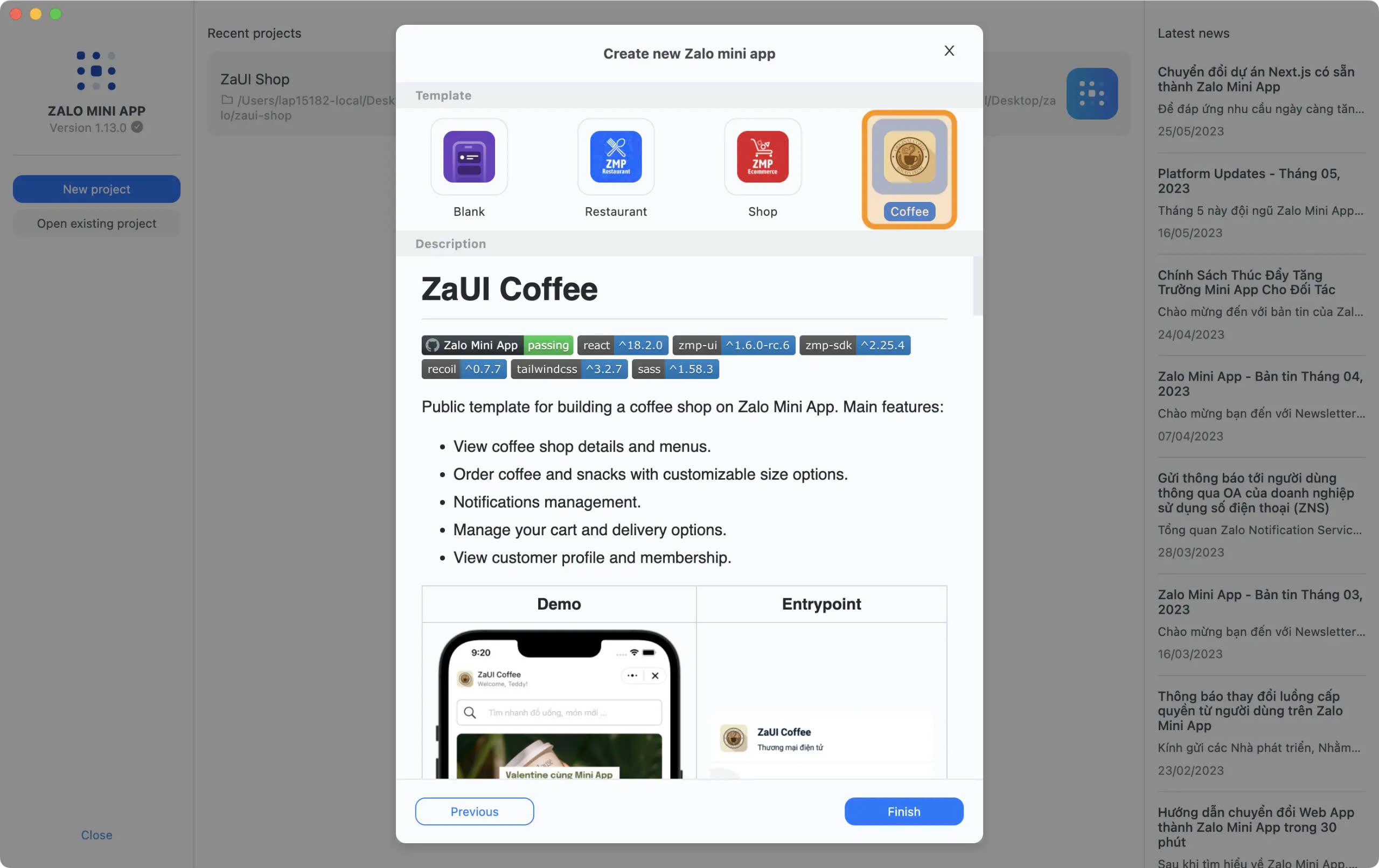 Zalo Mini App - Tạo dự án bằng template có sẵn