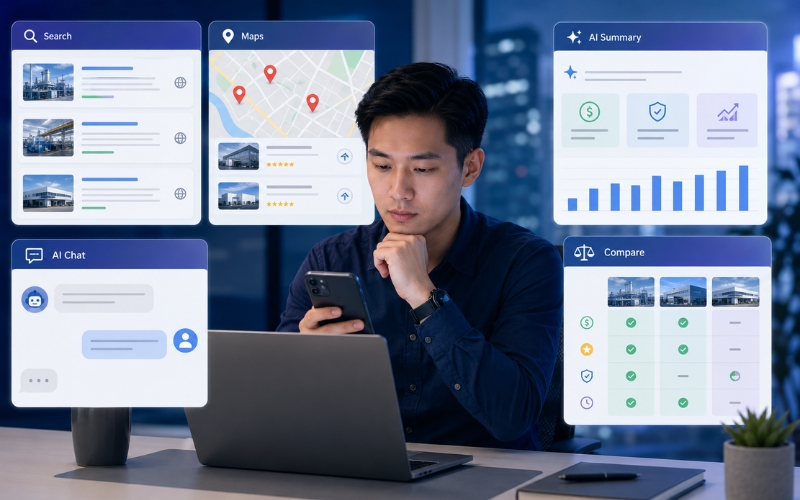 Người dùng tìm kiếm trên Google Maps và công cụ AI