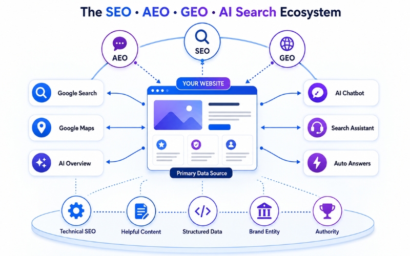 Mối quan hệ giữa SEO AEO GEO và tìm kiếm AI